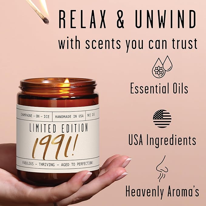 34th Birthday Gifts for Women - 'Limited Edition 1991' Soy Candle, w/Champagne on Ice I 34 Birthday Gifts for Women I 34th Gift for Her Ideas I 9oz Reusable Jar, 50Hr Burn, Made in USA - Bloomnest