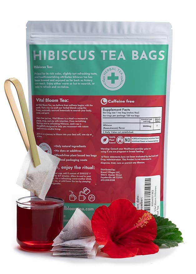 Vital Bloom Hibiscus Tea, 120 Tea Bags, 100% Natural Hibiscus Flowers, Caffein Free, Hot or Cold Brew Herbal Tea, Bleach Free Tea Bags, Non GMO (Free Bamboo Tongs included) - Bloomnest