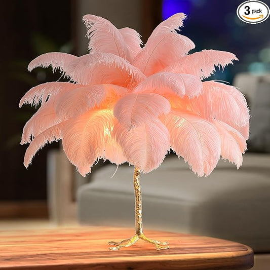 MAYOLA Modern Ostrich Feather Table Lamp with Plug in Wire,3-Light Bedside Floor Lamp for Living Room, Bedroom and Office 24” Tall Feather Desk Lamp (Pink, Table Lamp-Resin) - Bloomnest
