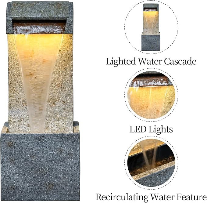 35.83'' Outdoor Garden Cascading Stone Floor-Standing Waterfall Fountain with LED Lights for Patio, Backyard, Deck, Porch and Home Art Decor