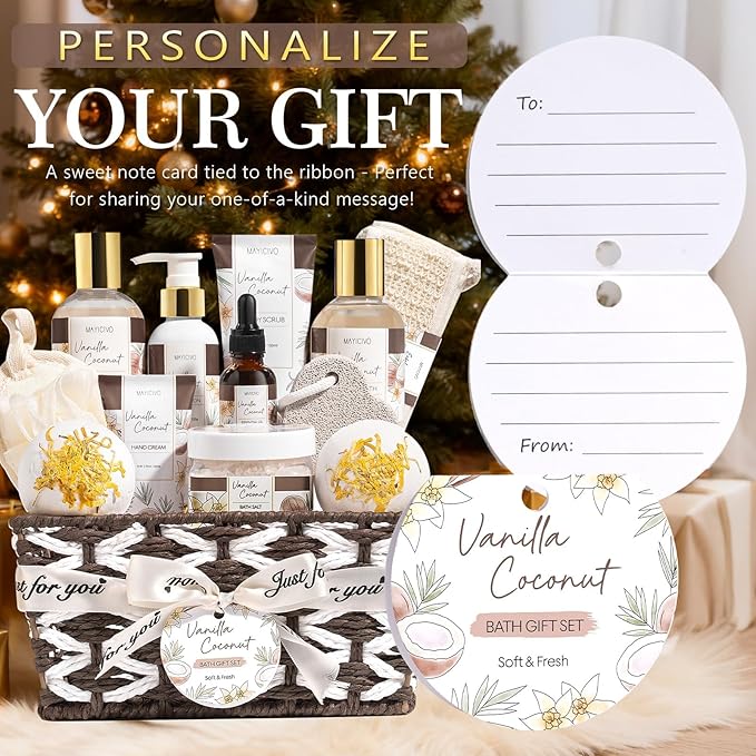 Birthday Gifts for Women, Vanilla Coconut Relaxing Spa Gift Baskets for Women Self Care Package Bath Gift Set, Home Bath and Body Kit Pamper Valentines Day Gifts for Her Womens Mom Friends Sister Wife - Bloomnest