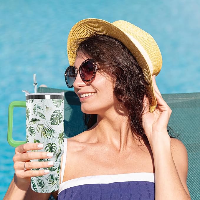 Ceovfoi 40 oz Green Insulated Stainless Tumbler - Tropical Plant Travel Coffee Cup, Water Bottle, Gardeners Gift - Bloomnest
