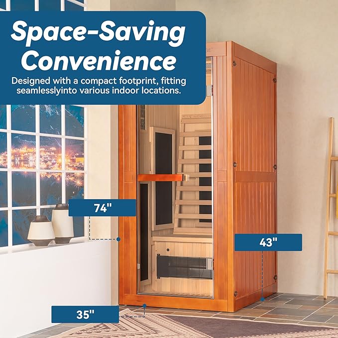 Woodbridge Infrared Home Sauna Room 1 Person Japanese Cedar Indoor Sauna with 7 Carbon Heaters, Red Light Therapy, Bluetooth Speaker, Intelligent Control Panel, Tempered Glass & Top Vent WOODBRIDGE