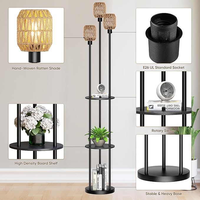 WIHTU 70" Boho Floor Lamp, Dimmable Rattan Floor Lamp with Shelves, 3 Lights Rustic Tall Lamps with Rotary Switch, Farmhouse Standing Lamps for Living Room, Bedroom，Office (Includes 3 Bulbs) - Bloomnest
