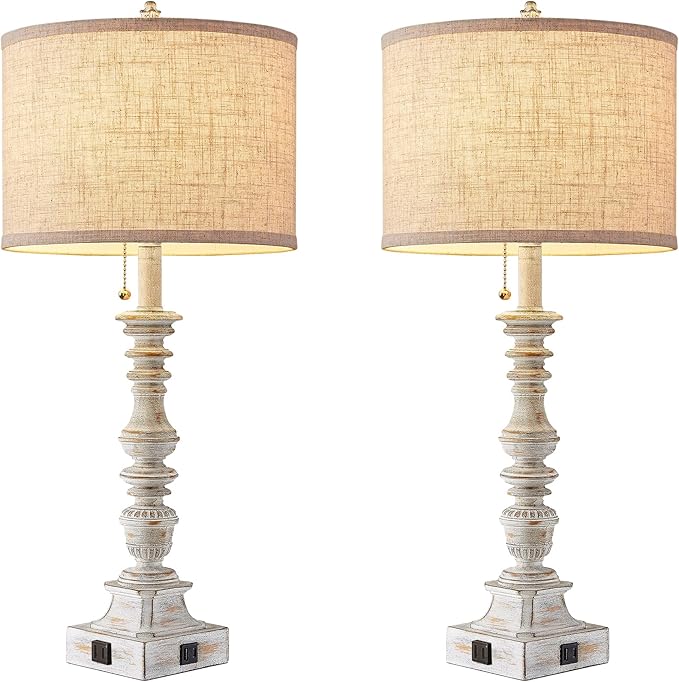 Set of 2 Farmhouse Table Lamps for Living Room, 29.5" Inch Tall Rustic Bedrooms Nightstand Table Lamp with USB-C & USB-A Charging + AC Outlet, Pull Chain Bedside Lamp for End Table, Antique White - Bloomnest