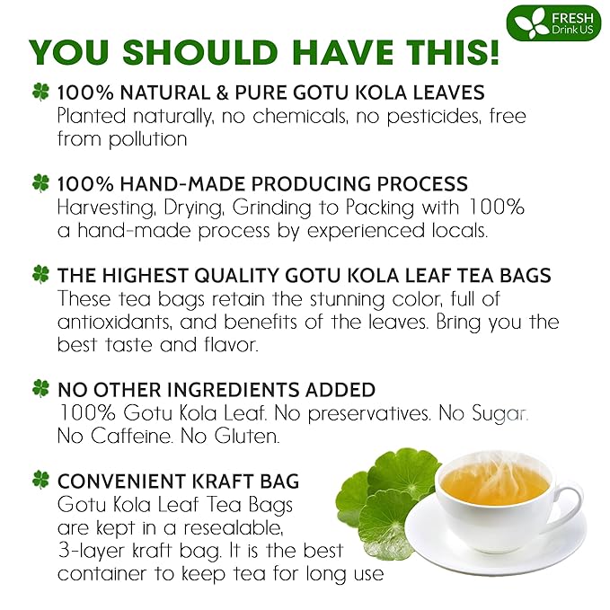 FreshDrinkUS, Premium Gotu Kola Leaf Tea – 75 Tea Bags | Pure Dried Centella Asiatica Leaves | Naturally Caffeine-Free Herbal Tea | Refreshing Aroma & Smooth Taste | Premium Herbal Infusion. Vegan - Bloomnest