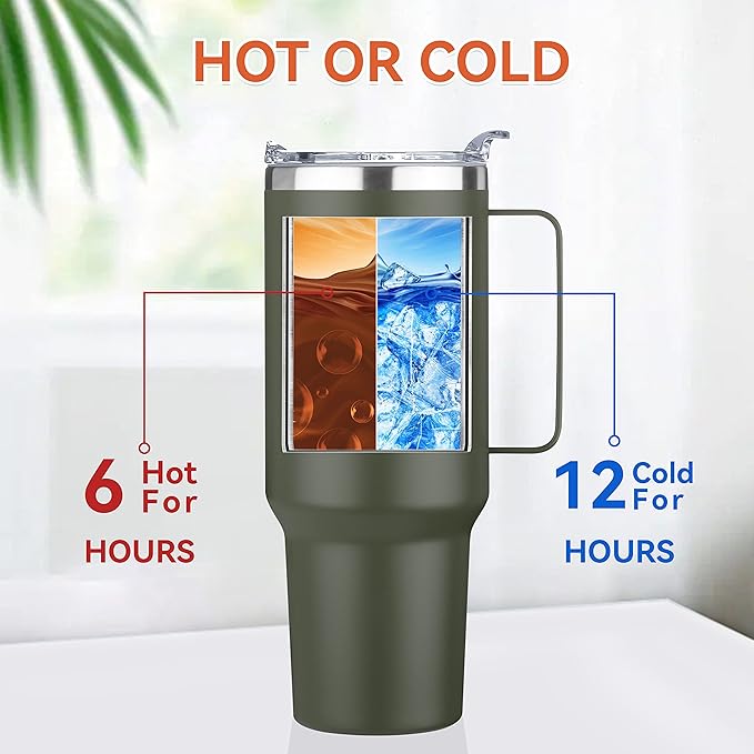 HASLE OUTFITTERS 40 oz Stainless Steel Tumbler with Handle, Vacuum Insulated Tumblers Bulk, Reusable Double Wall Travel Coffee Mug, Durable Powder Coated Water Bottle(Army Green, 1) - Bloomnest