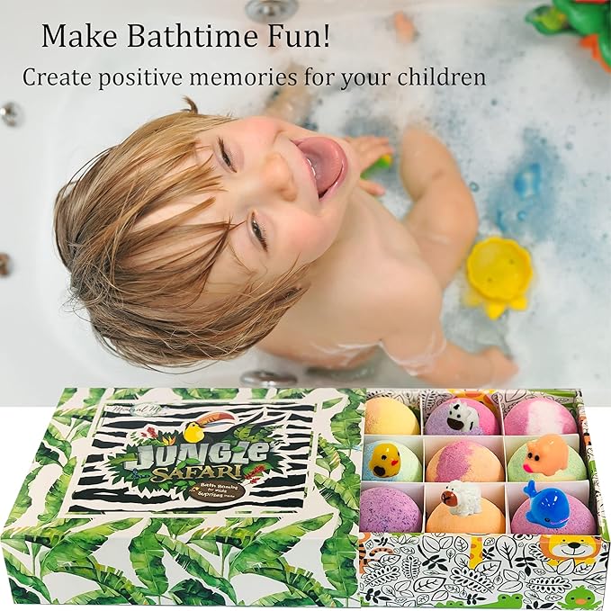 Bath Bombs for Kids with Surprise Inside, 12 Bubble Bath Fizzies with Jungle Animal Toys. Moisturizing, Gentle & Kids Safe, Rainbow Spa Bath Fizz, Stocking Stuffers Christmas Gifts for Boys, Girls - Bloomnest