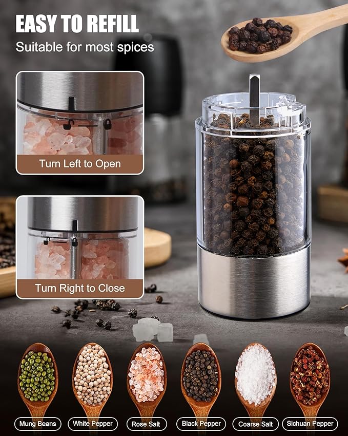 GiveBest Electric Salt and Pepper Grinder Set with Easy-to-Carry Charging Base and LED Light, Automatic Salt and Pepper Grinder Set, Adjustable Coarseness, USB Rechargeable, Washable Container - Bloomnest