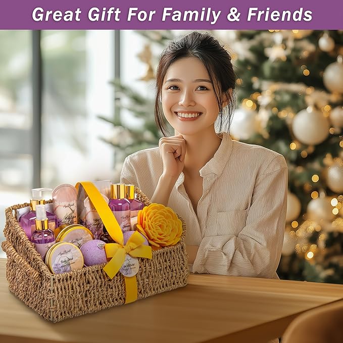 Bath Spa Gift Sets - Luxury Basket With Honey & Lavender - Spa Kit Includes Wash, Bubble Bath, Lotion, Bath Salts, Body Scrub, Body Spray, Shower Puff, Bathbombs, Soap and Towel - Bloomnest