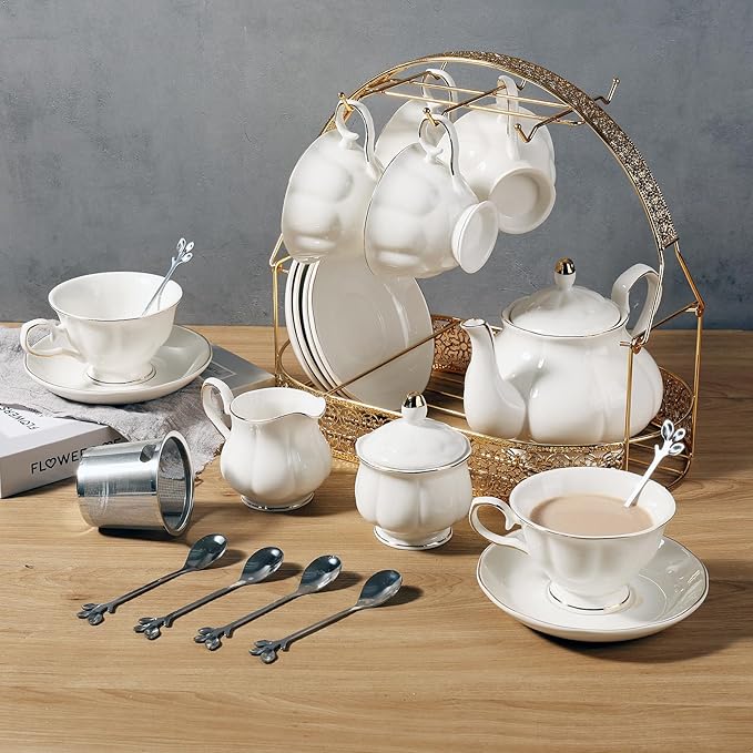 CHENP.HMC Tea Set 22-Piece Porcelain Ceramic Coffee Tea Gift Sets Cups Saucer Service for 6 Teapot Sugar Bowl Creamer Pitcher and Teaspoons (WHITE3) - Bloomnest
