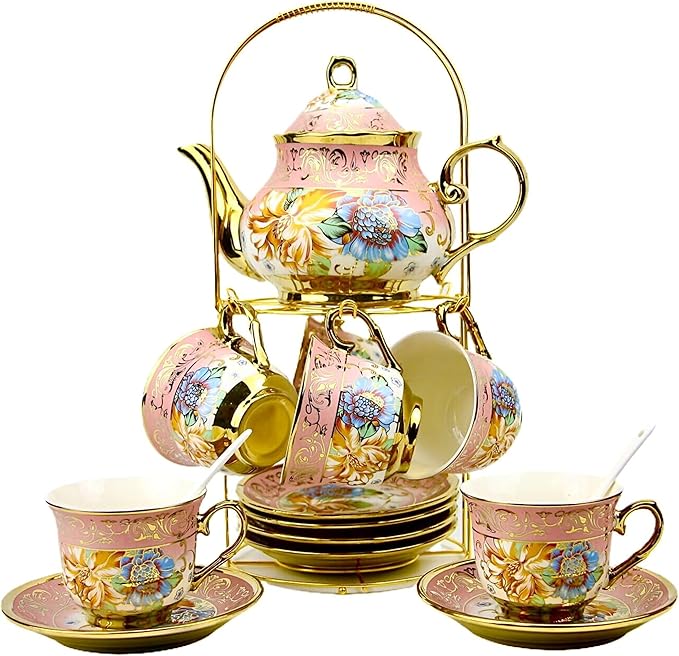 20 Pieces Porcelain Tea Set With Metal Holder, European Ceramic tea set for adults,Flower Tea Set,Tea Set For Women With Flower Painting (Large version, yellow) - Bloomnest