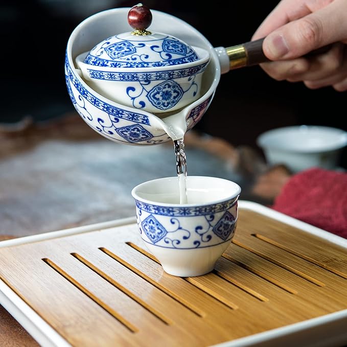 LURRIER Porcelain Chinese Gongfu Tea Set,Portable Teapot Set with 360 Rotation Tea maker and Infuser,Portable All in One Gift Bag for Travel,Home,Gifting,Outdoor and Office (Floral White) - Bloomnest