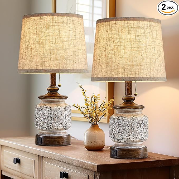 19.5" Farmhouse Bedside Table Lamps Set of 2 Rustic Lamps for Nightstand Bedroom with USB Ports Vintage Traditional White Carved Floral Night Light Lamps for Living Room End Tables Decor - Bloomnest