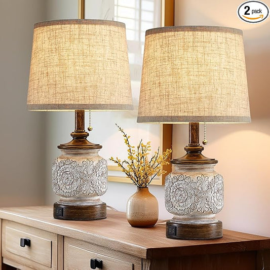 19.5" Farmhouse Bedside Table Lamps Set of 2 Rustic Lamps for Nightstand Bedroom with USB Ports Vintage Traditional White Carved Floral Night Light Lamps for Living Room End Tables Decor - Bloomnest