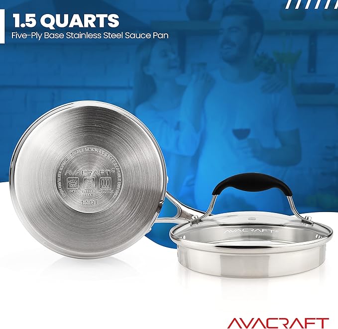 AVACRAFT Multipurpose Sauce Pan/Pot, Stainless Steel with Glass Strainer Lid, Two Side Spouts for Easy Pour with Ergonomic Handle (5-Ply Capsule Bottom, 1.5 Quart) - Bloomnest