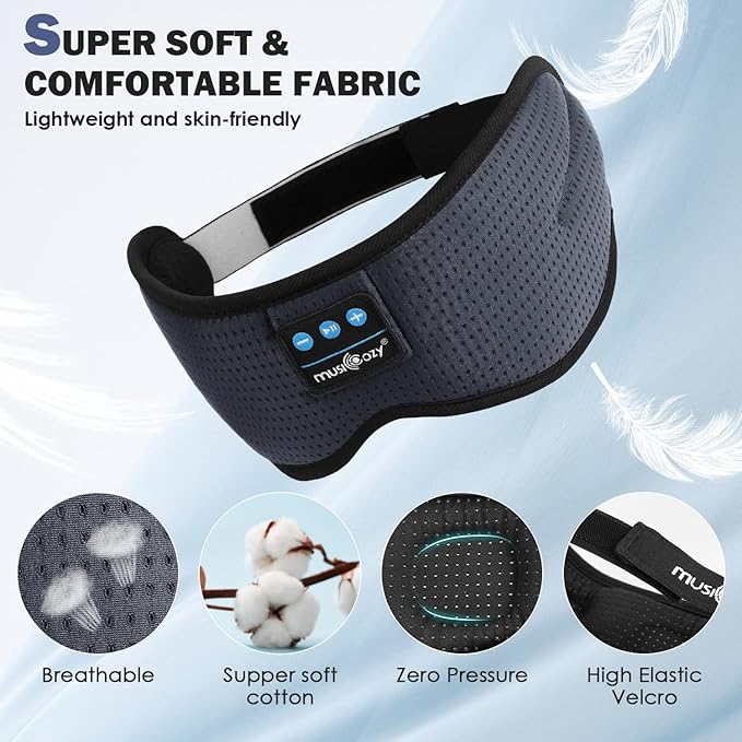 MUSICOZY White Noise Bluetooth Sleep Mask with 8 Soothing Sounds & 3D Wireless Sleep Headphones, Bluetooth Sleeping Headphones for Yoga Travel Office Relaxation, Tech Gadgets Gifts, Gray - Bloomnest