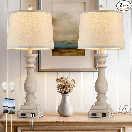 28" Farmhouse Table Lamps Set of 2 with USB C+A Ports and AC Outlet, 3 Way Touch Tall Vintage Bedside Lamp for Living Room, Beige Rustic Nightstand Lamp for Bedroom Office - Bloomnest