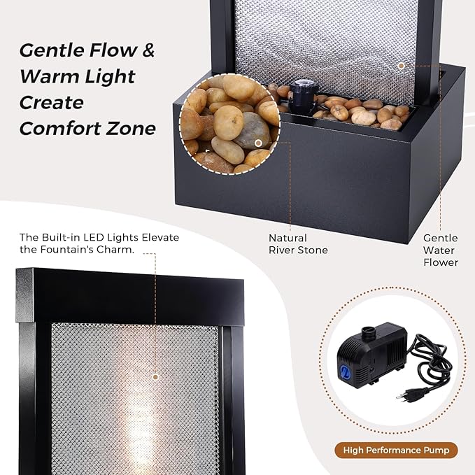 Mesh Panel Waterfall Fountain, Large Indoor Water Feature with Stones & LED Light, 64" Floor Standing Water Wall for Home Decor, Living Room, Patio, Outdoor Garden - Bloomnest