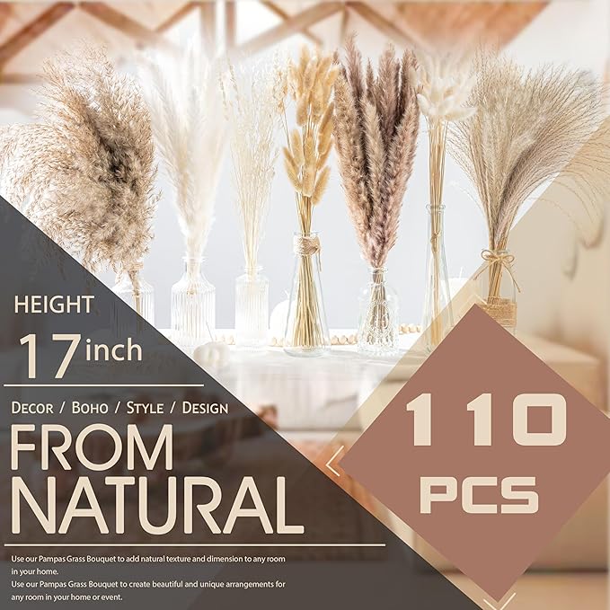 130PCS Natural Dried Pampas Grass Boho Home Decor Bouquet Phragmites Dried Flowers Bouquet for Wedding Floral Arrangements Home Decorations (130PCS) - Bloomnest