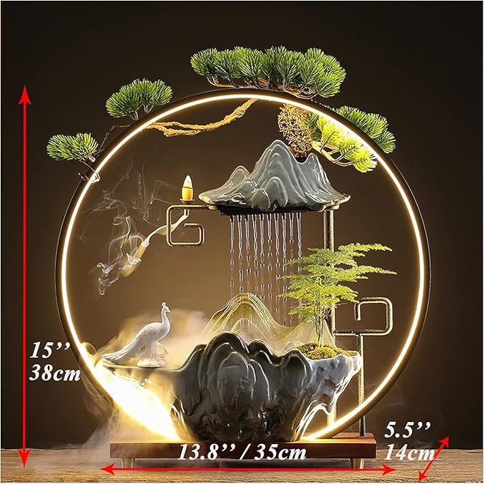 Peacock Tabletop Water Fountains Indoor Waterfall with LED Light Zen Decor for Meditation with Mist Japanese Decor with Fake Plants Feng Shui Decor for Good Luck Wealth - Bloomnest