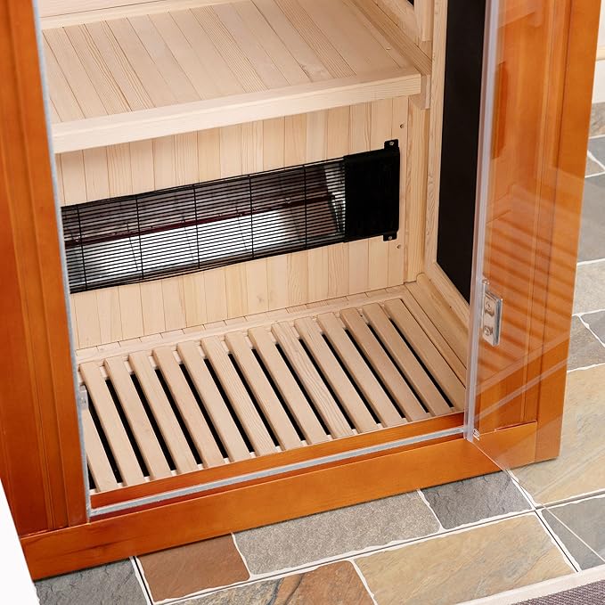 Woodbridge Infrared Home Sauna Room 1 Person Japanese Cedar Indoor Sauna with 7 Carbon Heaters, Red Light Therapy, Bluetooth Speaker, Intelligent Control Panel, Tempered Glass & Top Vent WOODBRIDGE