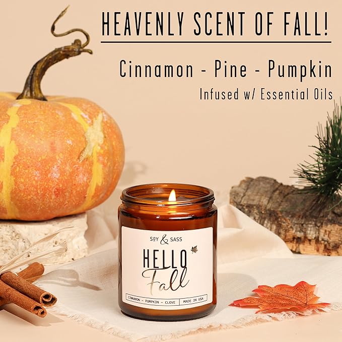 Fall Candles - 'Hello Fall Scented Candle' w/Cinnamon, Pumpkin & Fir I Infused with Essential Oils Autumn Scented Soy Candles for Home Décor, 9oz Reusable Jar, 50Hr Burn, Made in USA - Bloomnest