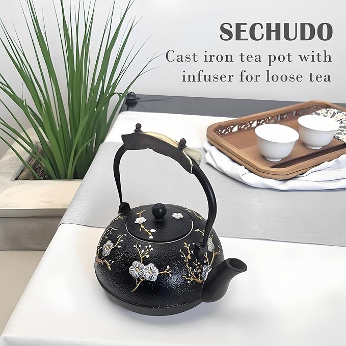 Cast Iron Teapot SECHUDO Teapot for Stovetop Safe Coated with Enameled Interior,Japanese Beautiful Tea Kettle with Stainless Steel Infuser for Loose Tea (60.9oz Plum Blossoms and Bird Pattern) - Bloomnest