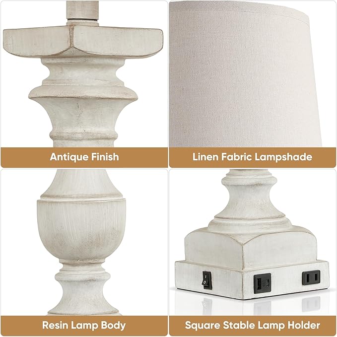 28'' Washed White Table Lamp for Bedroom Nightstand, Vintage Bedside Lamp with USB A+C Port, Farmhouse Desk Lamp with Linen Shade Set of 2, Traditional Nightstand Lamp, Rocker Switch,Bulb Included - Bloomnest