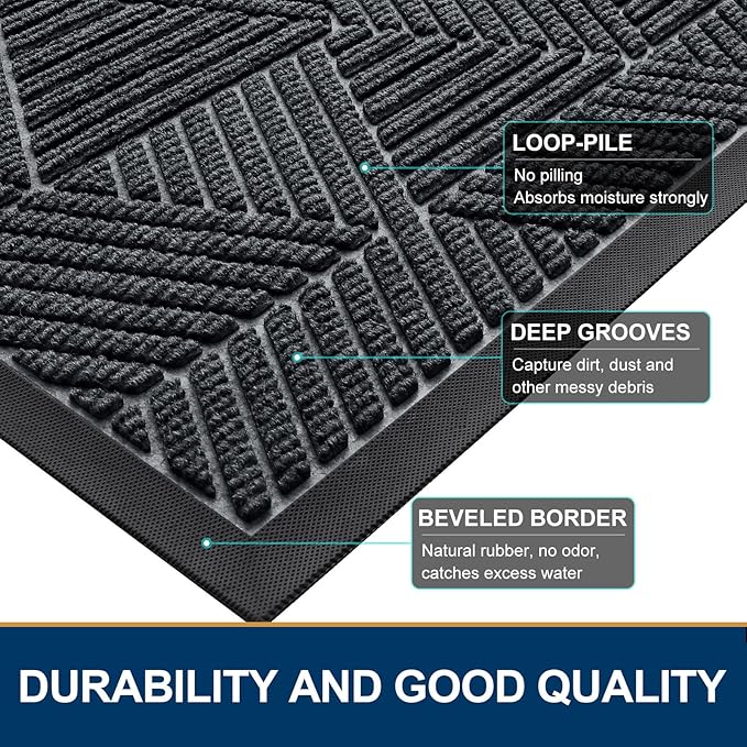 Smiry Front Door Mat Outside Entrance, Heavy Duty Sturdy Natural Rubber Doormat, Trap Dirt and Moisture, Easy Clean Low Profile Mats for Indoor Outdoor Entry, Irregular Triangle (59x24, Grey) - Bloomnest
