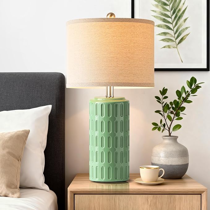 PARTPHONER 23" Farmhouse Modern Ceramic Table Lamp Set of 2 - Green Bedside Lamps for Bedroom & Living Room, Nightstand, Desk, End Table - Bloomnest
