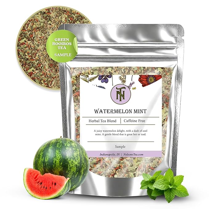 Nelson's Tea Watermelon Mint Tea Loose Leaf - Caffeine Free Green Rooibos Tea with Spearmint, Echinacea, Linden Leaf, Coriander, Safflower and Eucalyptus (Sample 0.4 Oz) - Bloomnest