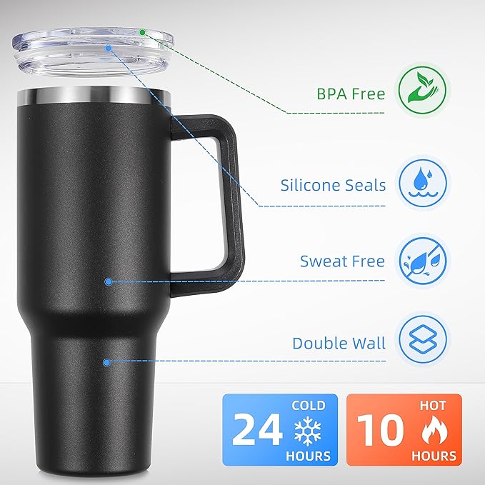 DOMICARE 40 oz Tumbler with Handle and Straw, Stainless Steel Tumbler with Lid and Straw, Reusable Vacuum Insulated Cup, Travel Coffee Mug, Black, 4Pack - Bloomnest