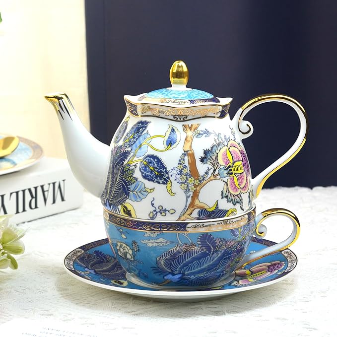 ACMLIFE Tea for One Teapot and Cup, Vintage Floral Porcelain Tea Set for One, Bone China Teapot with Cup Set, Tea Pot Gift for Women (Blue-A) - Bloomnest