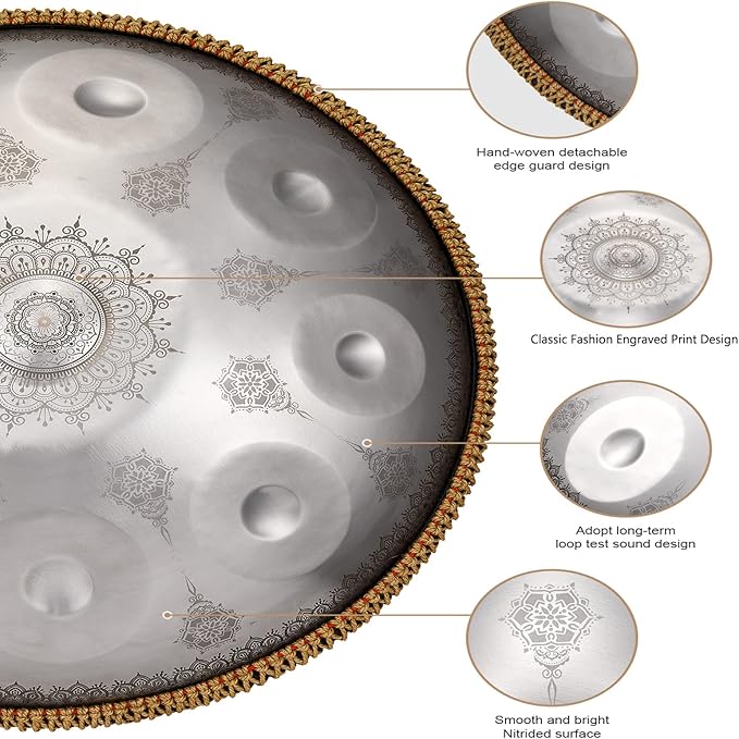Handpan-Premium 432HZ 22 Inches 10 Notes D Minor Steel Hand Pan Drum Set,Silver Print Adults Handpan Drum - Bloomnest