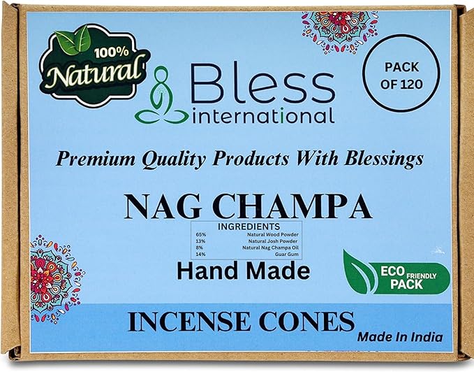Bless-International Nag Champa 100%-Natural-Incense-Cones Handmade-Hand-Dipped Organic-Chemicals-Free for-Purification-Relaxation-Positivity-Yoga-Meditation The-Best-scents (120 Count) BlessInternational