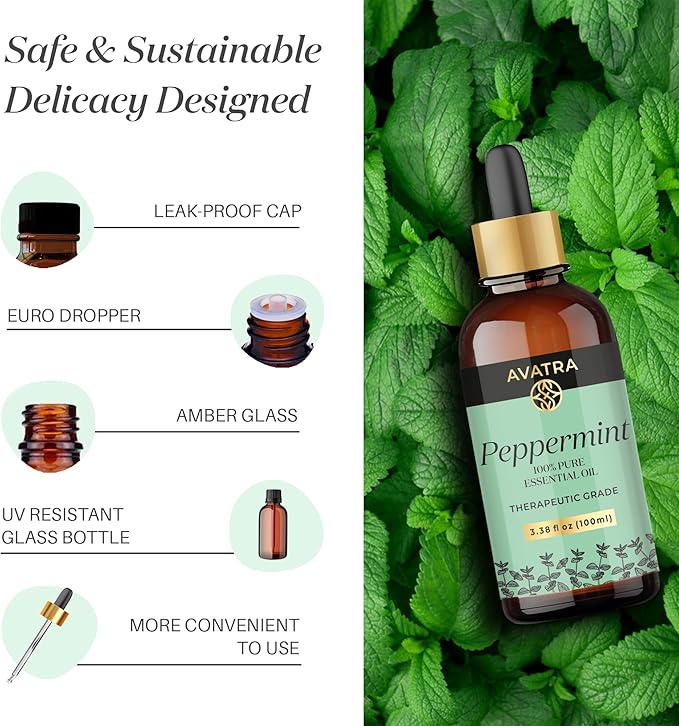 Avatra Peppermint Essential Oil 100ML (3.38 OZ) with Glass Dropper and Travel Bottle, Pure and Natural Therapeutic Grade Peppermint Oil for Diffuser, Aromatherapy, Massage, and DIY Candle Products - Bloomnest