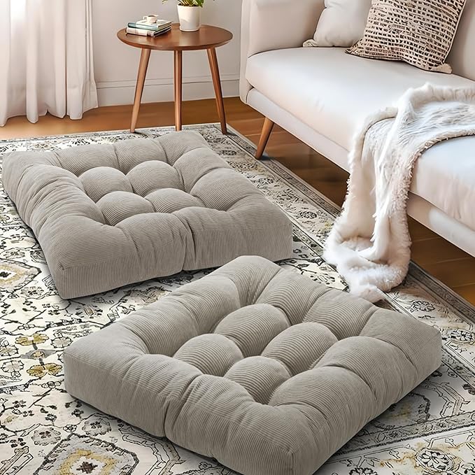 Floor Pillow Cushions for Adults Sitting Large Big Pillows for Floor Seating Square Memory Foam Thick Tufted, 22 x 22 Inch, Set of 2, Light Grey - Bloomnest