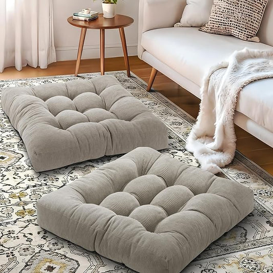 Floor Pillow Cushions for Adults Sitting Large Big Pillows for Floor Seating Square Memory Foam Thick Tufted, 22 x 22 Inch, Set of 2, Light Grey - Bloomnest