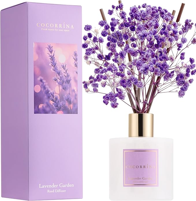 COCORRÍNA Reed Diffuser - Lavender Garden 6.7 Fl.oz Reed Diffuser Set with Sticks & Preserved Baby's Breath, Reed Diffuser for Home Bathroom Shelf Decor - Bloomnest