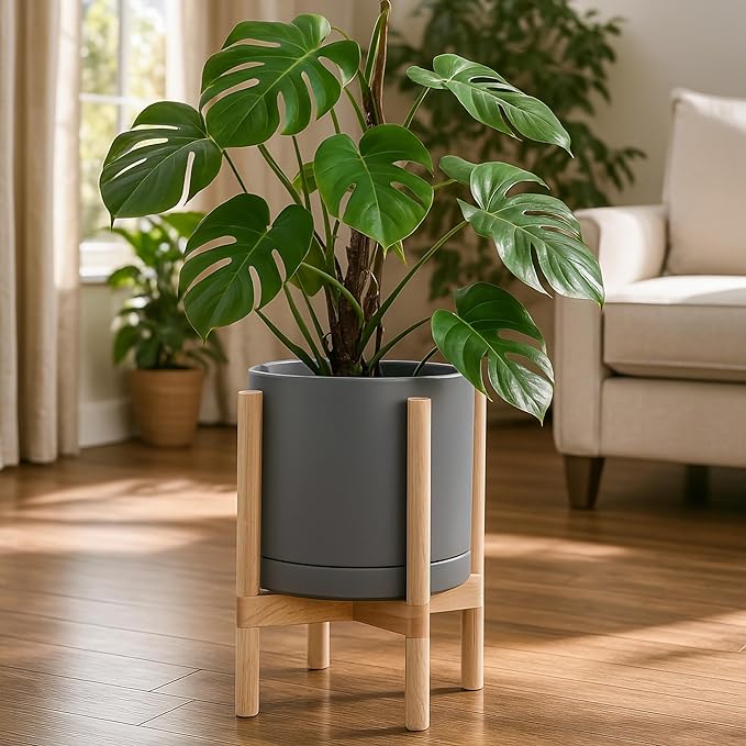D'vine Dev Ceramic Planter with Natural Stand - 12 Inch Modern Round Flower Pot with Wood Planter Holder, Grey, 55-B-J-3 - Bloomnest