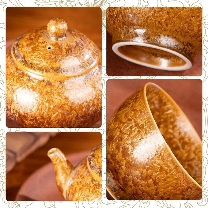 Tea Set, Porecelain Kung Fu Teaset, Gold Crystalline Glaze Chinese Small Tea Cups, Ceramic Tea Pot and Cups Set, Ideal Asian Tea Gift Set for Home Outdoor and Office - Bloomnest