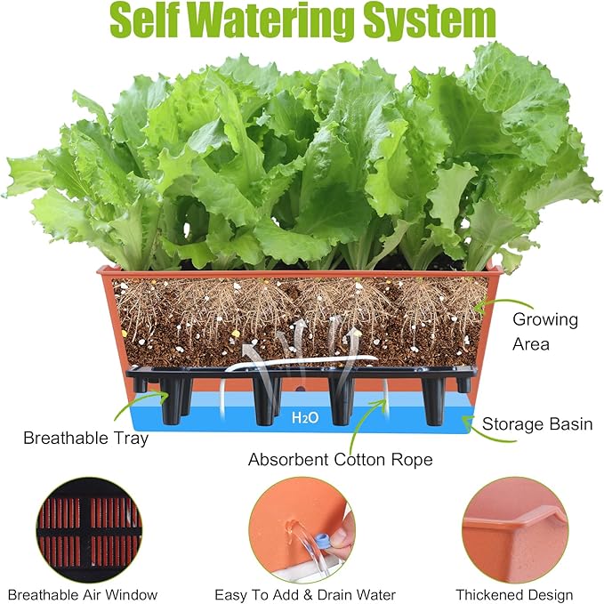 Window Box Planter 6 Pcs, 16.5 Inches Self Watering Rectangle Flower Plant Pots with Drainage Holes Trays, Vegetable Planters for Windowsill Patio Garden Balcony Porch Yard (Orange) - Bloomnest