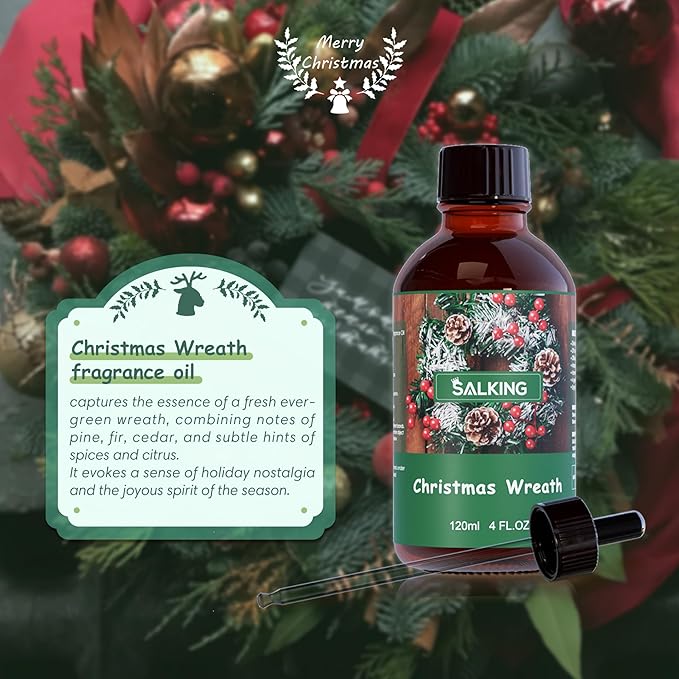 SALKING Christmas Wreath Fragrance Oil, 120ml (4 Fl Oz) Premium Essential Oils for Diffuser, Candle Scents for Candle Making, Soap Making Supplies, Diffuser Oil Scents, Holiday Gifts - Bloomnest