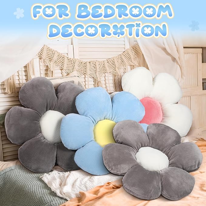 Reginary 4 Pcs Flower Floor Pillows Cute Plush Flower Throw Pillows Daisy Floor Seat Cushion Chair Pads for Christmas First Day of School for Sofa Couch Bed Decor(15 Inch,Gray, Blue, White) - Bloomnest