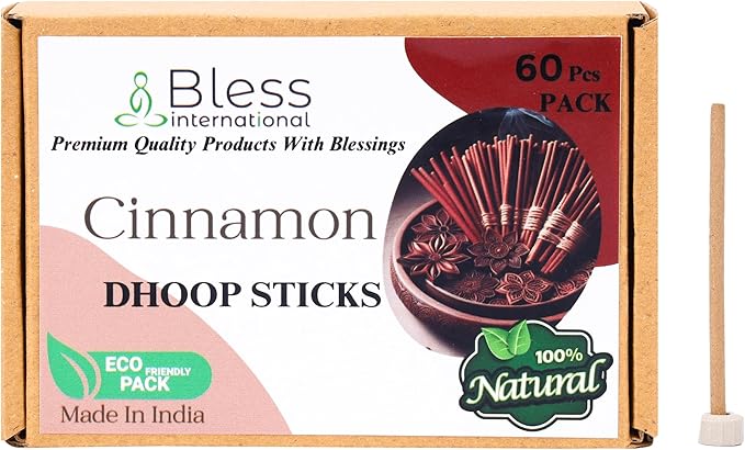 Bless-International Cinnamon-100%-Natural-Incense-Bambooless-Dhoop-Sticks Handmade-Organic-Chemicals-Free for-Purification-Relaxation-Positivity-Yoga-Meditation The-Best-scents-4.5-Inches-60-Sticks