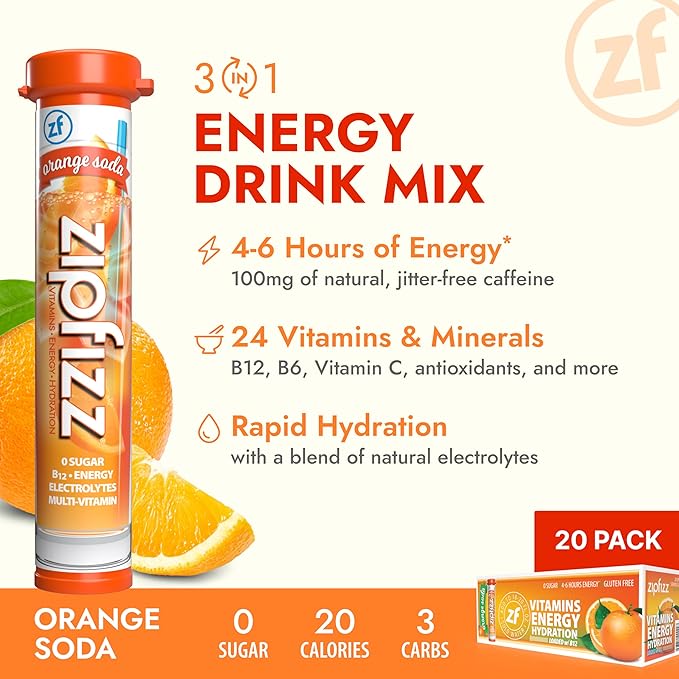 Zipfizz Daily Energy Drink Powder, Orange Soda, 12 Pack | 3-in-1 Sustained Energy, Rapid Hydration, and Essential Vitamins | Sugar-Free | Electrolyte Powder | Contains Vitamin B-12 & Antioxidants - Bloomnest