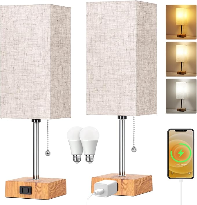 Table Lamp for Bedroom set of 2,3-Color Bedside Lamps with Pull Chain Table Lamps for Nightstand with AC Outlets,Small Night Light Lamps with 2 Bulbs Lamps for Living Room Kids Room Office Decor（Wood） - Bloomnest