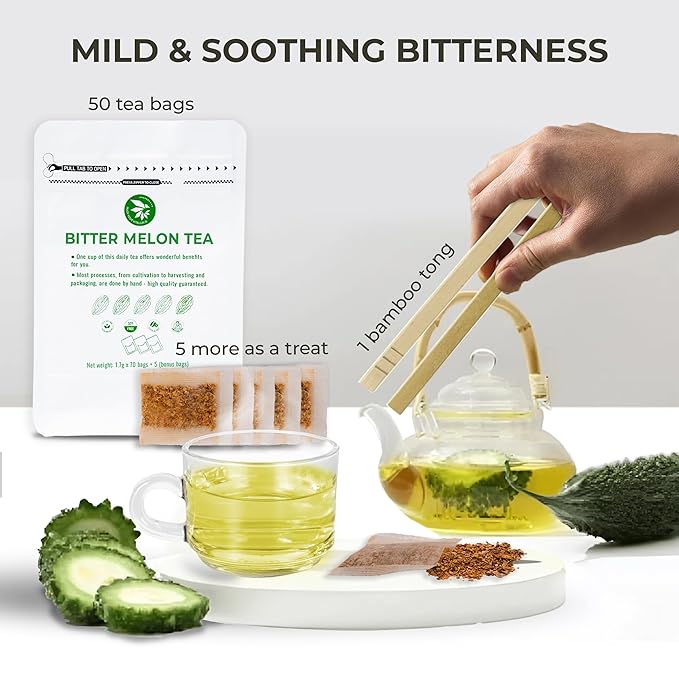 Bitter Melon Tea Bags - 70 Count (+5 Tea Bags), 4.2 oz, Bamboo Tong Included, Pure Bitter Gourd Herbal Blend for Refreshing, Digestion & Inner Health Support, No Sugar, No Caffeine - Bloomnest