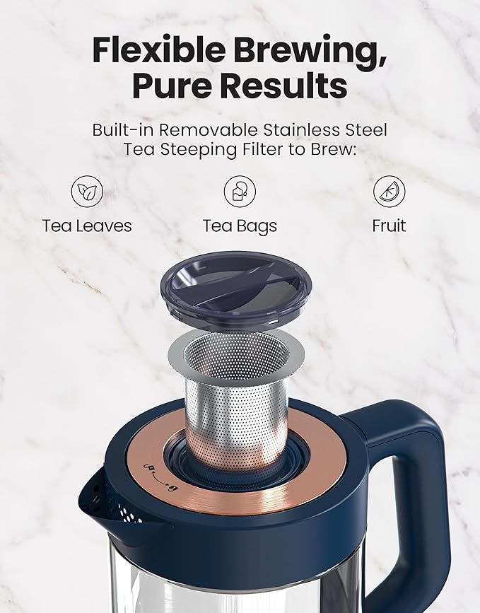 Vianté Electric Kettle With Infuser For Loose Leaf Tea. Hot Tea Maker With Temperature Control And Automatic Shut Off. Kettle With Brewing Programs. 1.5 Liters Capacity | Midnight Blue Color - Bloomnest
